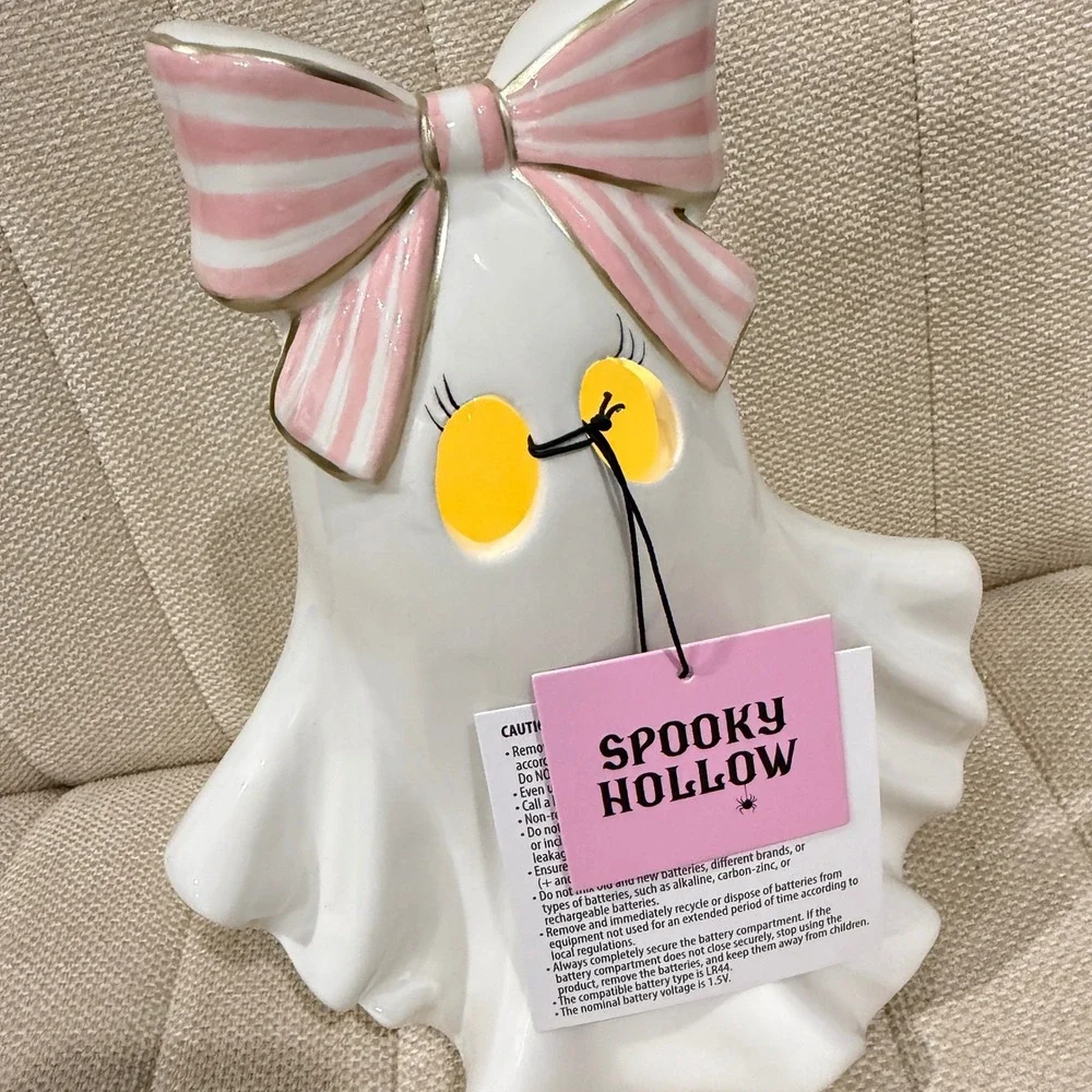NWT LED Spooky Hollow Ghost Halloween Figurine Ceramic Light Up Stripe Bow Decor